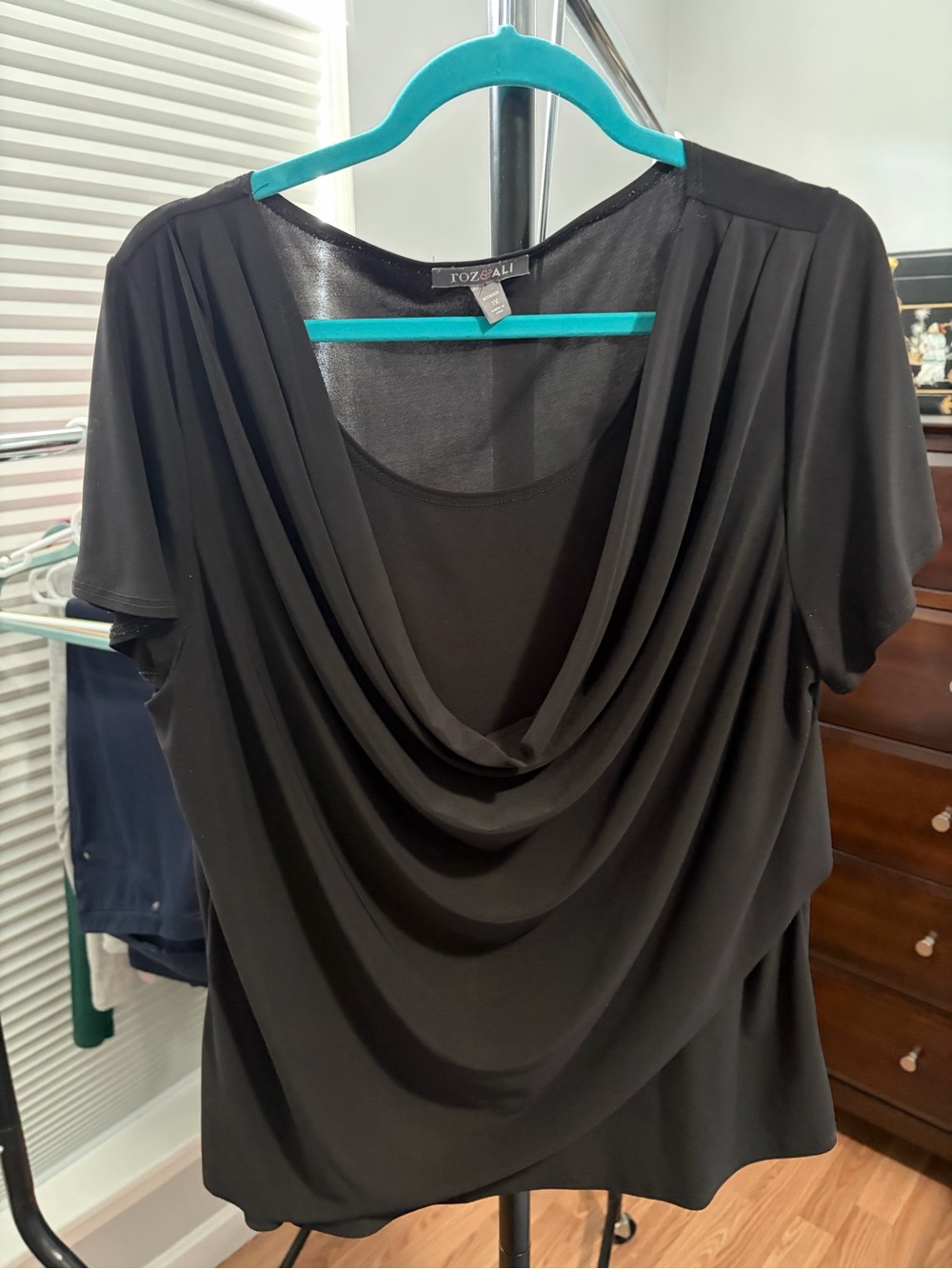 Roz & Ali Black Top with Draped Cowl Neck 1X